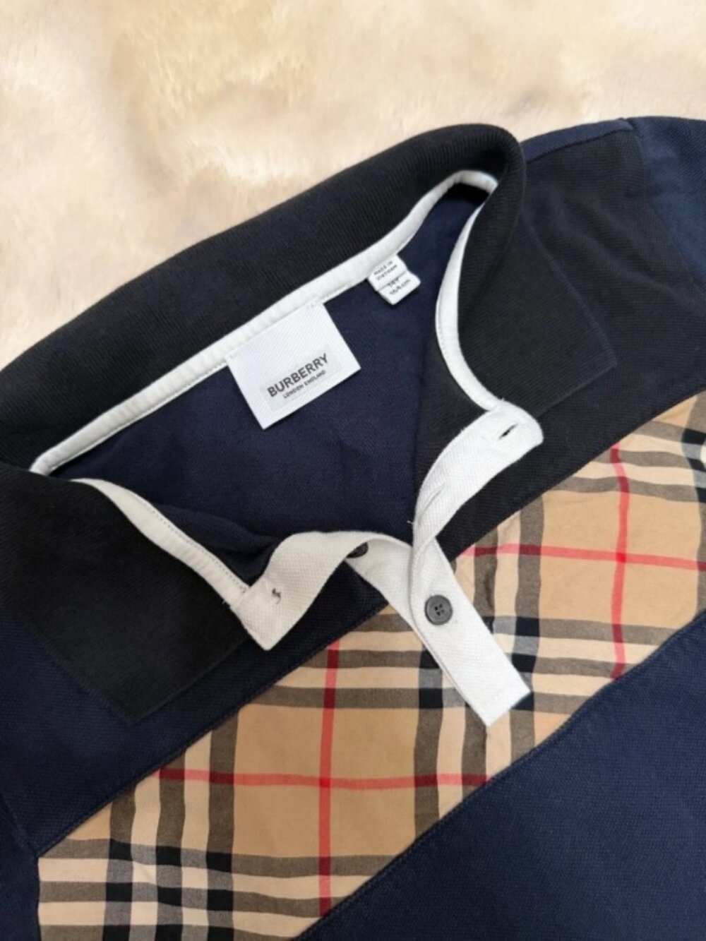 Authentic Burberry Kids Navy Iconic Check Panel Polo Shirt Boys 14 - Picture 2 of 7